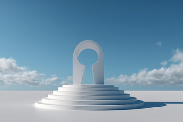 3D minimalist keyhole shape floating in the open sky above a blank podium emotional concept of unreachable answers or hidden escape surreal symbolism