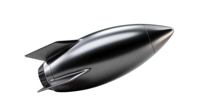 Metallic Rocket in Flight: A sleek, metallic rocket poised for takeoff, gleaming against a crisp backdrop, embodying concepts of innovation and progress. 