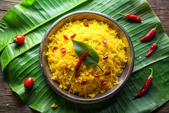 Aromatic yellow rice dish with chili peppers on a banana leaf.