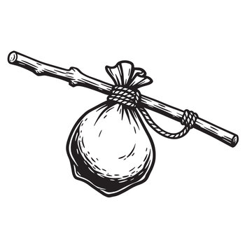 Hand drawn illustration of a bindle bag with a wooden stick representing a hobo or traveler.