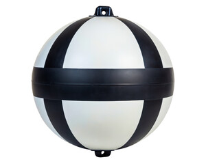 Striped black and white spherical marine navigation marker buoy on a transparent background