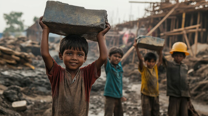 Child laborers working tirelessly in construction sites. Children lifting and carrying construction equipment.