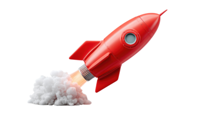 Soaring Ambition: A dynamic depiction of a vibrant red rocket blasting off, embodying innovation, progress, and the pursuit of new horizons.