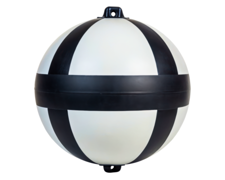 Striped black and white spherical marine navigation marker buoy on a transparent background
