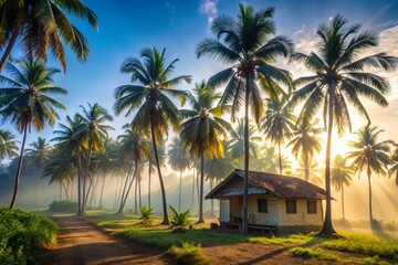 Fototapeta premium A small house nestled among tall palm trees on a misty tropical morning with the sun breaking through the foliage.