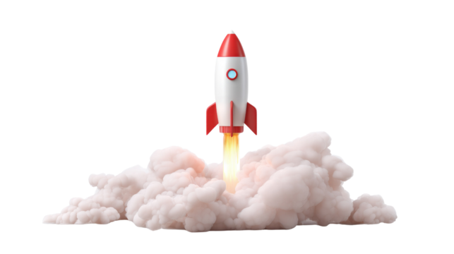 Rocket Launching: A sleek, modern rocket launches with billowing smoke. Emphasizing potential and forward motion.