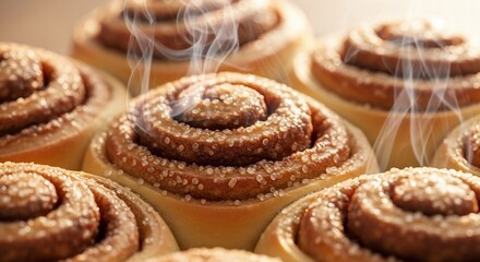 Warm and Delicious: A Close-Up of Freshly Baked Cinnamon Rolls with rising steam