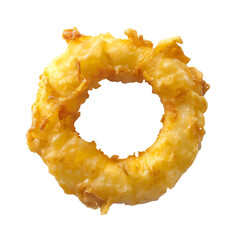 Golden, crispy onion ring with a hollow center, isolated on white background
