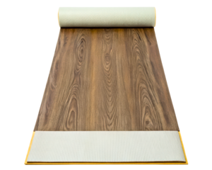 Rolled wood grain vinyl flooring sheet with a realistic brown pattern on a transparent background