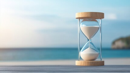 A wooden hourglass with white sand sits on a wooden surface against a blurred blue sky and distant landscape.