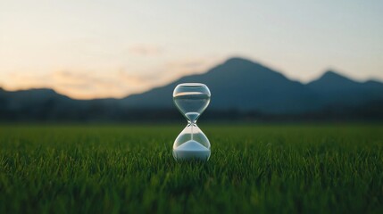 An hourglass sits on grass with a mountain and sunset in the background, symbolizing time and nature's beauty.