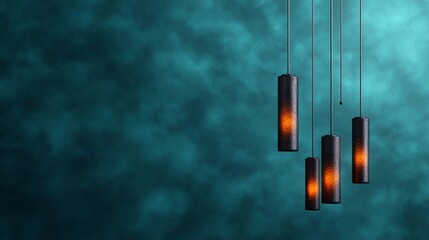 Four modern cylindrical pendant lights with warm glowing bulbs hang against a textured teal background.