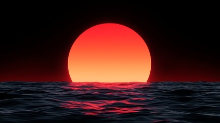 A vibrant red sun sets over dark, rippling ocean waves under a black sky, creating a dramatic and mesmerizing seascape.