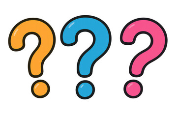 Orange, blue and pink question marks representing confusion and questions on a transparent background