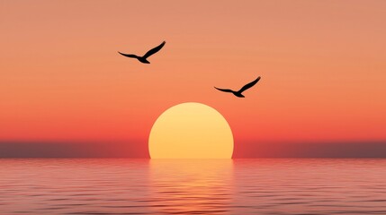 A serene sunset over calm ocean waters with two birds gliding peacefully in the orange and pink sky.