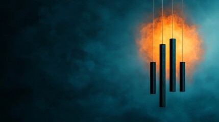 A modern, black wind chime with five bars hangs in front of a bright orange glowing background against a dark blue smoky backdrop.