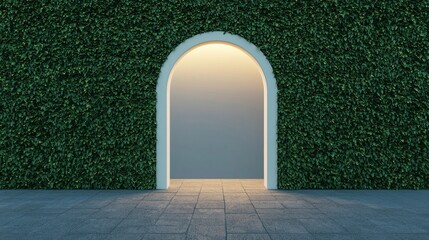A glowing arched doorway in a lush green hedge wall opens to a softly lit, empty corridor with stone tile flooring.