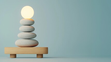 A serene stack of four smooth stones topped with a glowing orb, balanced on a wooden platform against a soft blue background.