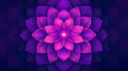 A vibrant digital illustration of a symmetrical purple and pink lotus flower with layered petals against a dark background.