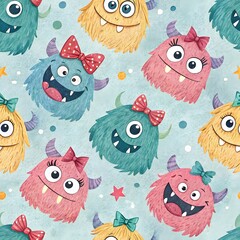 Obraz premium Adorable fuzzy monsters with bows, playful expressions, and pastel hues create a charming, whimsical pattern perfect for childrens textiles or delightful decor.