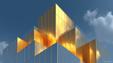 Modern Glass Office Building with Reflective Golden Panels Under Blue Sky