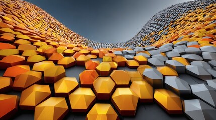 Abstract Orange and Gray Hexagonal Pattern on Curving Surface in Modern Digital Art Style