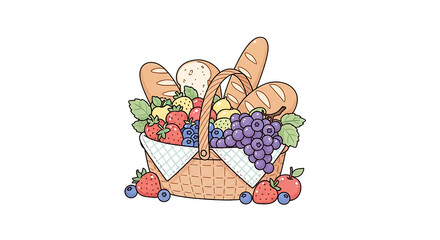 Colorful Fruit and Bread Picnic Basket with Strawberries Grapes and Baguettes