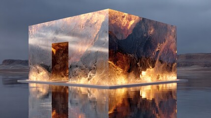 Futuristic Reflective Cube with Fire and Cloudy Sky in Water Landscape
