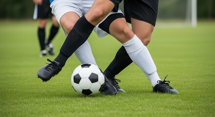 Fototapeta premium Close-up of soccer players battling for the ball on a green grass field during a game, showing their legs and feet.