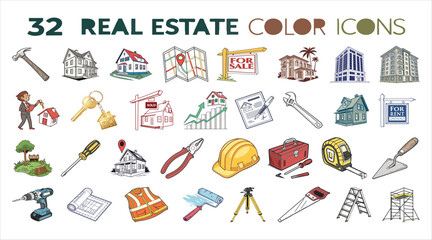 32 Colorful Real Estate Icons - Depicting Home Ownership and Property Development Tools and Resources With Various Hand Drawn Renderings.