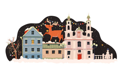 Christmas and New Year card with houses and deer. Winter illustration.