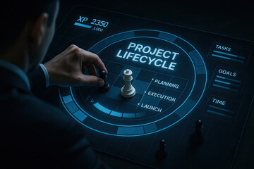 Project lifecycle planning execution launch concept with chess pieces on futuristic digital interface, business strategy and management visualization with tasks, goals, and time tracking
