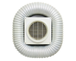 Flexible aluminum air duct hose with a plastic ventilation grille on a transparent background