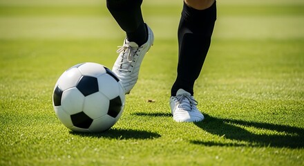Fototapeta premium A close-up view of a soccer player's feet controlling a classic black and white soccer ball on a vibrant green field under bright sunlight, casting a shadow.