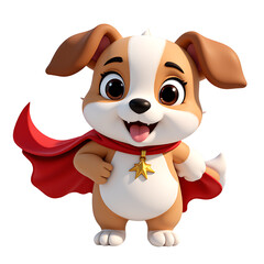 Adorable cartoon puppy dog wearing a red superhero cape and a golden star medal