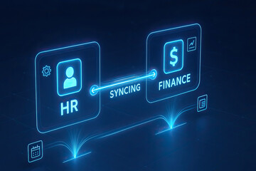 Human resource and finance data syncing concept with glowing blue digital icons and symbols connected by light beam on dark background