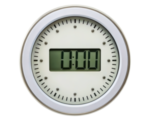 Digital kitchen timer with an analog-style face set to zero on a transparent background