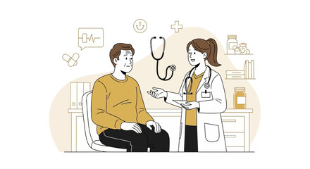 Minimalist line art illustration of a female doctor with a stethoscope consulting a male patient in a clinic setting.