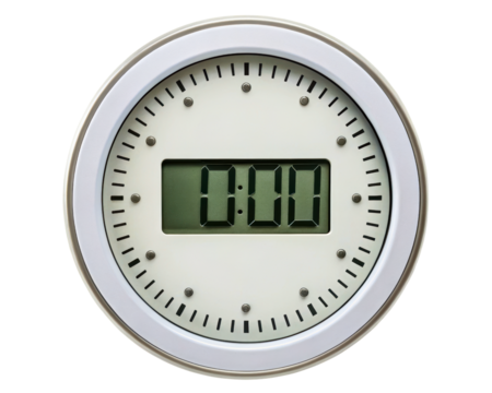 Digital kitchen timer with an analog-style face set to zero on a transparent background