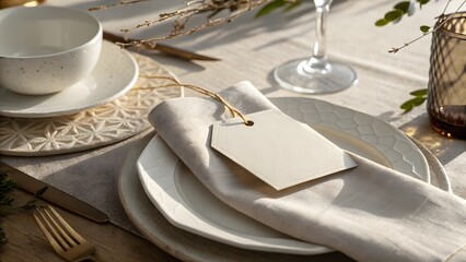 Ivory napkin with octagon shaped tag on white plate table setting cutlery