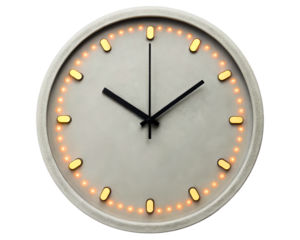 Modern minimalist wall clock with illuminated hour markers on a transparent background