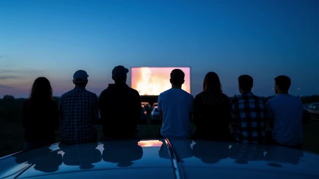 A silhouette of friends sitting on a car roof watching a movie at a drive-in theater at dusk, a concept of friendship, retro entertainment, and summer leisure