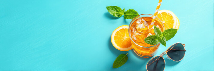 A refreshing glass of iced orange drink garnished with mint leaves, accompanied by orange slices and sunglasses on a bright blue surface.