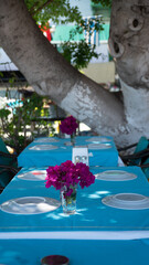 Dining table in Greek style with flowers 