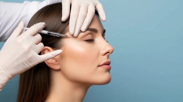 A young woman undergoes a cosmetic filler injection treatment around her eyes, a non-surgical rejuvenation procedure in a beauty clinic, concept for aesthetic medicine