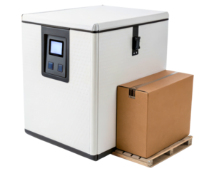 Large insulated shipping container with digital display and cardboard box on pallet on a transparent background