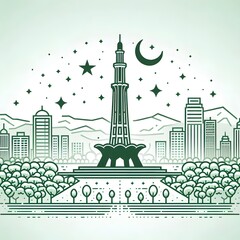 Obraz premium Pakistani Cultural Landmark Line Art – Green and White Abstract Vector Design
