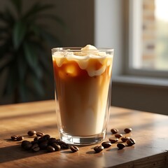 Iced Coffee with Milk Swirl in Clear Glass on Wooden Table