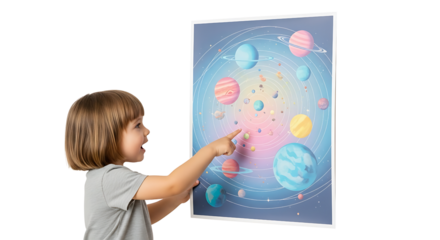Child Girl Pointing at Colorful Planetary Solar System Illustration on Interactive Display