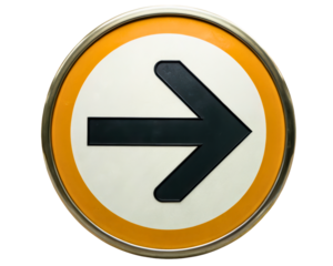 Vintage round directional sign with black arrow pointing right on a transparent background